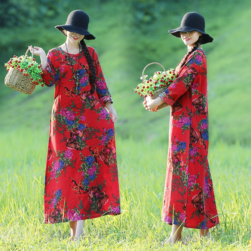 2020 lỏng cộng với kích thước mùa xuân và mùa thu váy mới phụ nữ phong cách dân tộc của phụ nữ retro cotton và vải lanh dài tay áo váy midi cổ tròn - Váy dài