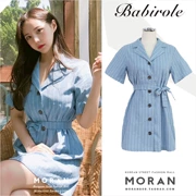 MORAN Hàn Quốc chic retro phong cách phù hợp với cổ áo đơn ngực sọc áo váy eo Một từ váy ngắn 2018 mùa hè