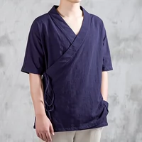 Trang phục dân tộc nam Tang phù hợp với phong cách Trung Quốc cotton và vải lanh ngắn tay áo sơ mi retro cư sĩ quần áo Zen nửa tay cải tiến Hanfu - Trang phục dân tộc quần jean nam