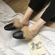 Thu đông 2018 phiên bản mới của Hàn Quốc với đầu vuông bằng kim loại khóa đáy phẳng tóc nửa dép nữ đi ra ngoài thời trang giày Baotou Mules