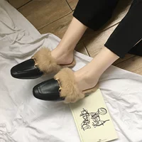 Thu đông 2018 phiên bản mới của Hàn Quốc với đầu vuông bằng kim loại khóa đáy phẳng tóc nửa dép nữ đi ra ngoài thời trang giày Baotou Mules giay nu dep