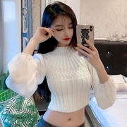 Áo len nữ 2018 mới mùa thu mới phiên bản Hàn Quốc của lưới dài tay khâu ngắn rốn áo len đáy rốn