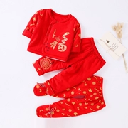 Mùa thu và mùa đông sơ sinh cotton mỏng ba mảnh phù hợp với hộp quà tặng quần áo cotton cho bé 0-3 váy trăng tròn màu đỏ