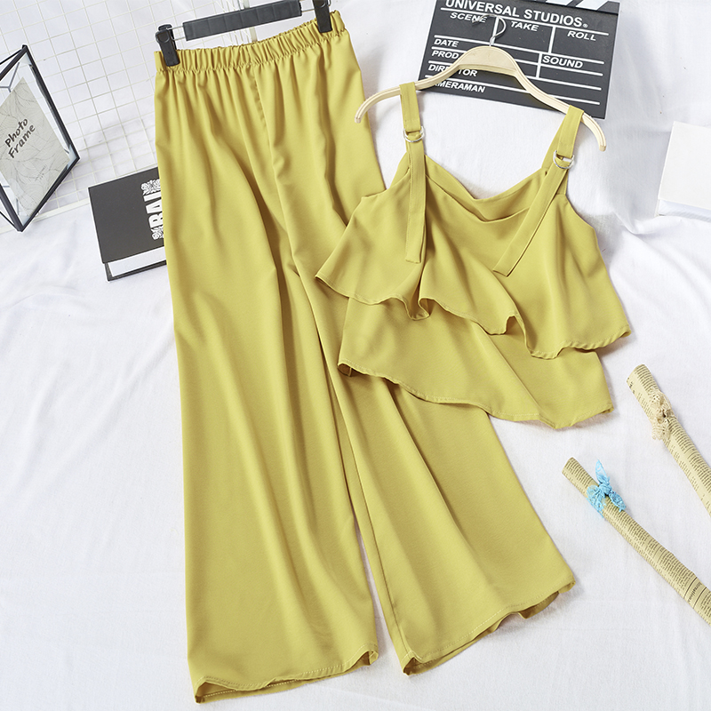 Yellow 782-116Spring and summer Han Fan suit Solid color Ruffles camisole vest easy leisure time Wide leg pants Two piece set 782
