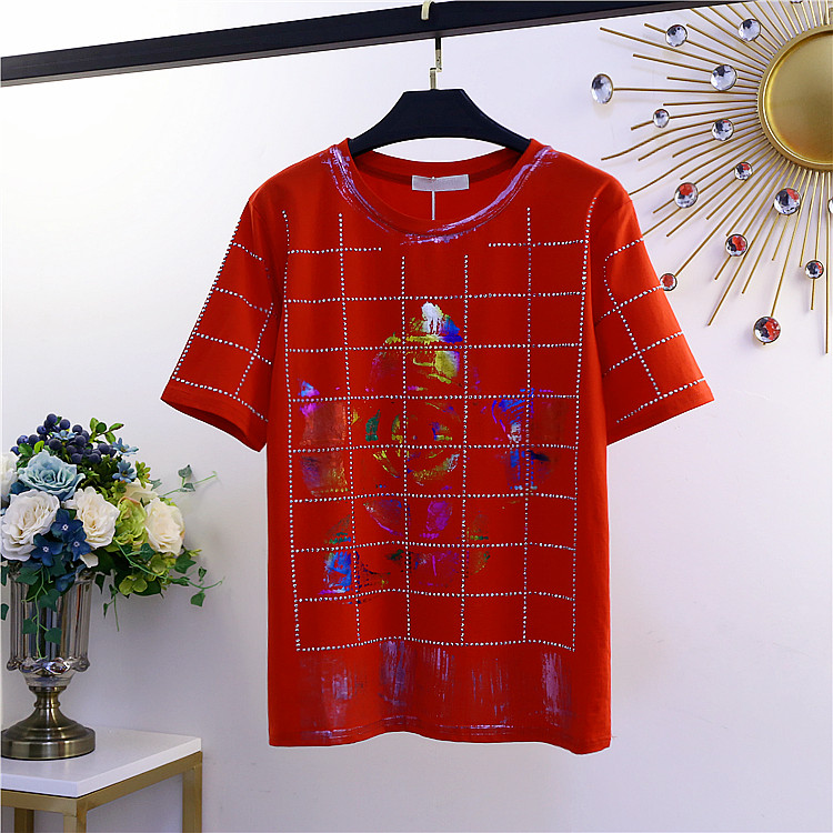 RedEuropean station 2021 summer new pattern heavy industry lattice Hot drilling Short sleeve T-shirt female fashion gilding Versatile Half sleeve jacket