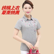 Mùa hè mới áo thun cotton nữ trung niên thêu mẹ áo ve áo cotton sơ mi ngắn tay giản dị