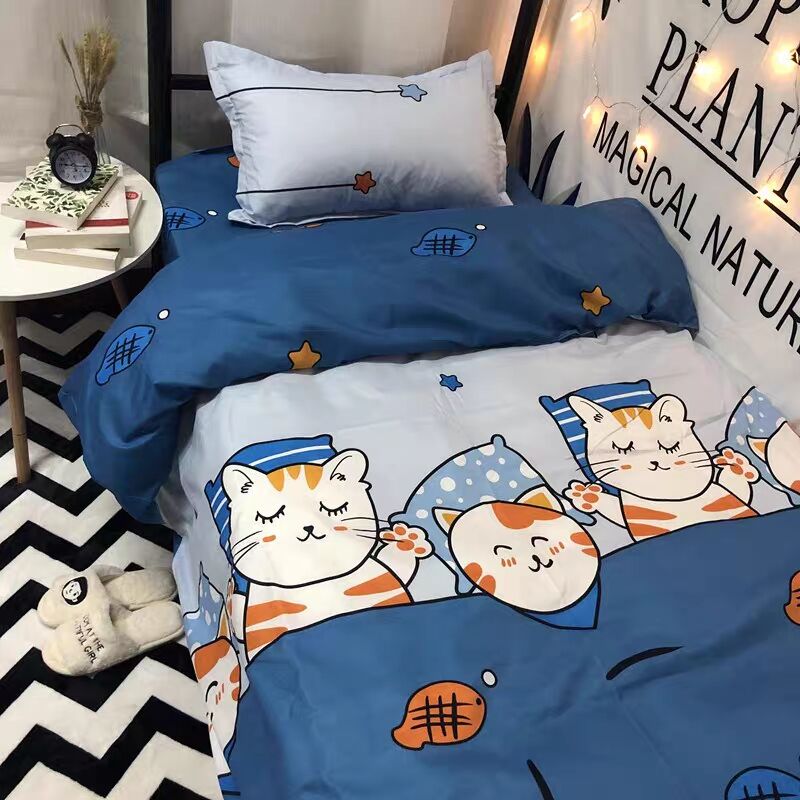 Good Night, Catstudent dormitory Cartoon sheet Quilt cover Three piece set 1.2 Make the bed up and down staff dorm Single person Quilt cover 1.5 rice