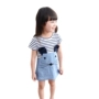 2017 mùa xuân cô gái bông Hàn Quốc phiên bản của con chuột nhỏ sọc ngắn T-Shirt ăn mặc trẻ em của váy thủy triều đầm trẻ em cao cấp