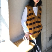 Hàn Quốc mùa thu đông retro hoang dã thả lỏng tim gà V-cổ không tay lưới tối màu sọc sọc len đan vest nữ
