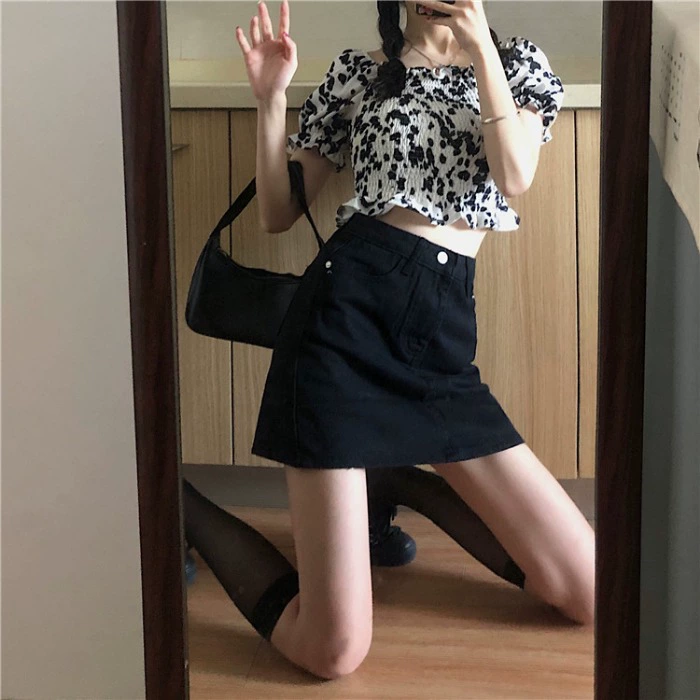 Niche xếp li ngắn tay bò ngắn tay áo voan nữ mùa hè Hàn Quốc cổ vuông tay áo sơ mi - Cộng với kích thước quần áo