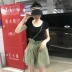 Hàn Quốc mùa hè mỏng u- cổ tay áo t- shirt vest + gỗ tai cao eo dây rút quần short rộng chân quần legging thu đông đẹp Quần tây thường