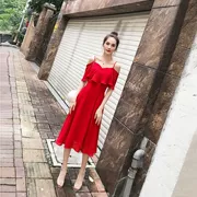 Đầm trễ vai lệch vai hè 2019 mới phổ biến của phụ nữ siêu dài quây voan đỏ - Váy eo cao