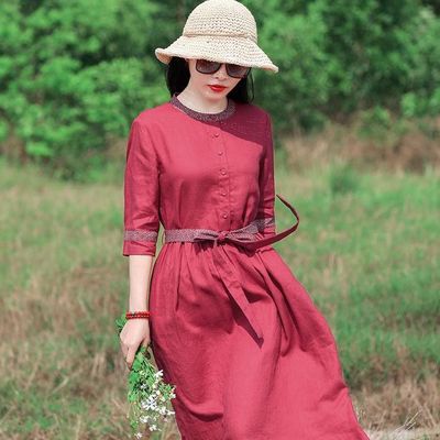 纯棉民族风连衣裙女2021夏季新款旅行文艺复古系带气质连衣裙袍子