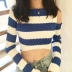 Hàn quốc chic phong cách sọc màu strapless đoạn ngắn mỏng giảm béo hoang dã dài tay len áo len nữ mùa thu áo sơ mi Áo / áo thun