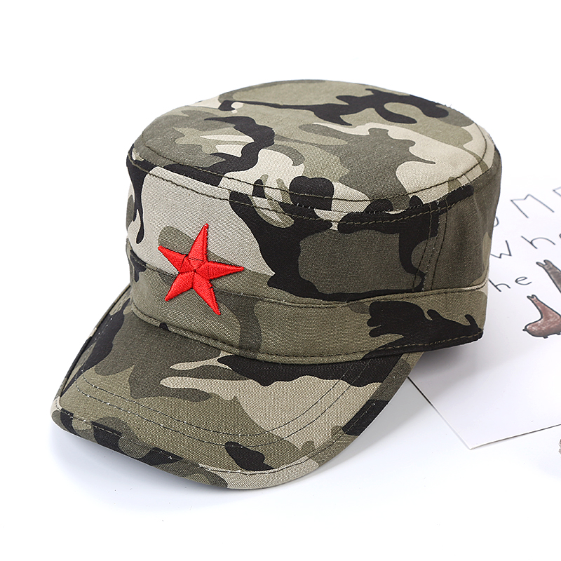 Camouflage & Red Pentagram With Flat TopBaseball cap female Sun hat camouflage peaked cap outdoors man service cap Sun hat Military training motion Hat Korean version tide