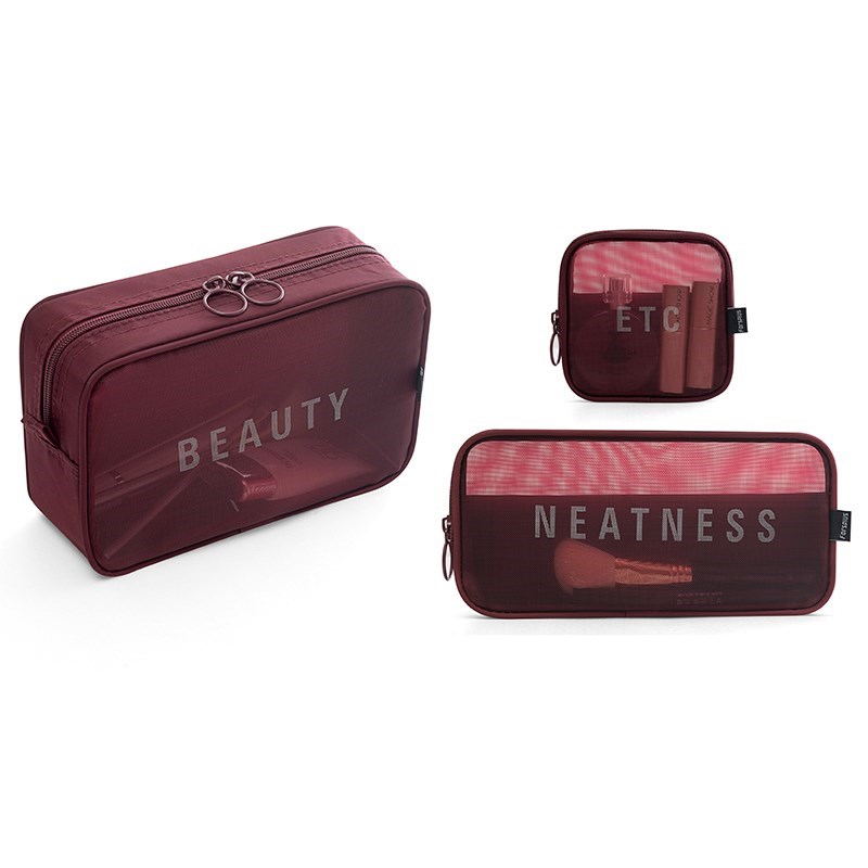 Wine Red Three Piece Setthe republic of korea new pattern Travelling bag trumpet Portable Storage bag With you Mini ma'am Cosmetic Bag transparent Netting Wash bag