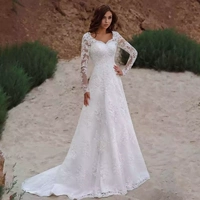 A-line Wedding Gowns Appliques Long Sleeves Bridal Dresses