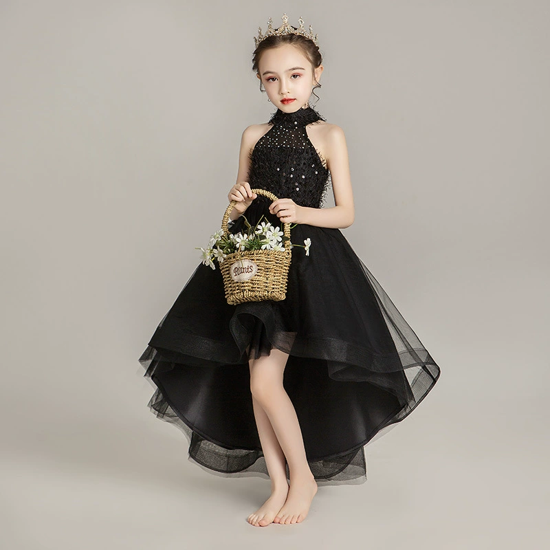 Cô gái nhỏ phong cách nước ngoài sàn catwalk váy dạ hội đen trẻ em váy công chúa mềm mại sợi cô gái dẫn chương trình piano trang phục - Váy trẻ em