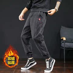 加絨加厚工裝牛仔長褲男士2020冬季潮牌寬鬆哈倫秋冬新款休閒褲子