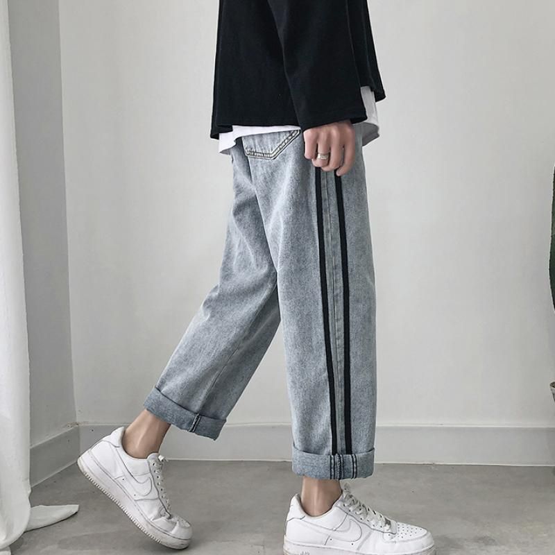 Hong Kong Style autumn straight tube Wide Leg Jeans boys trend simple loose casual Capris