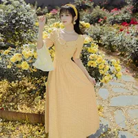 Желтое платье, приталенный корсет, летняя длинная юбка, квадратный вырез