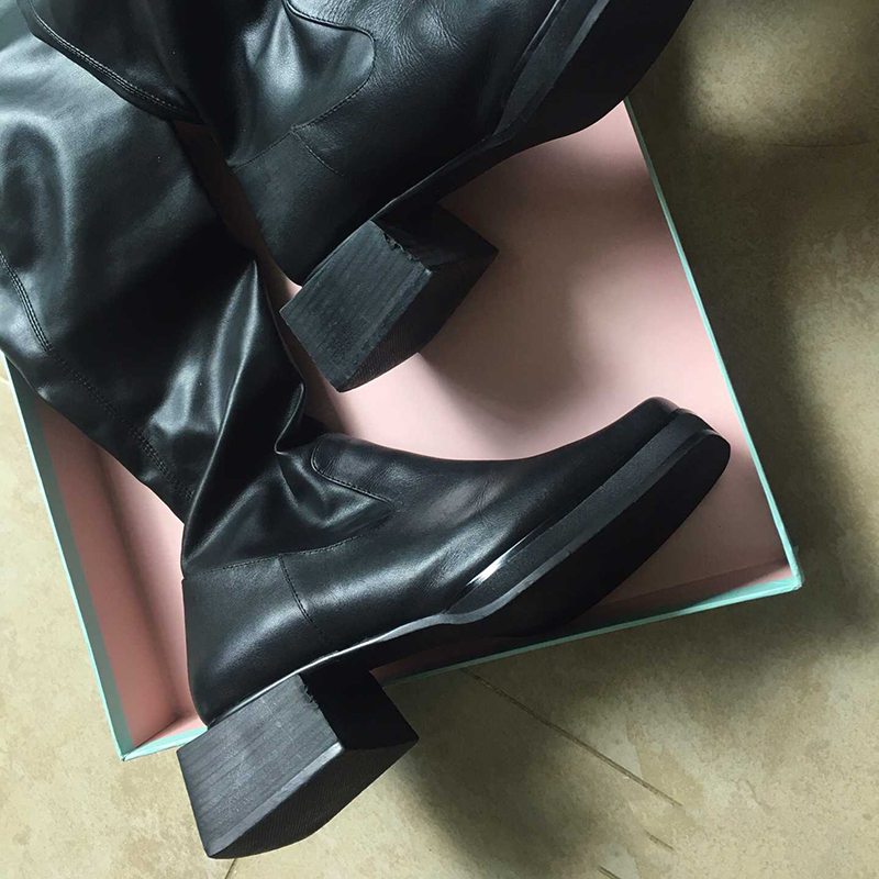 BlackBoots female 2020 Autumn and winter new pattern Thick heel Below the knee Medium high cylinder Internet celebrity Thin boots fold high-heeled Elastic boots female
