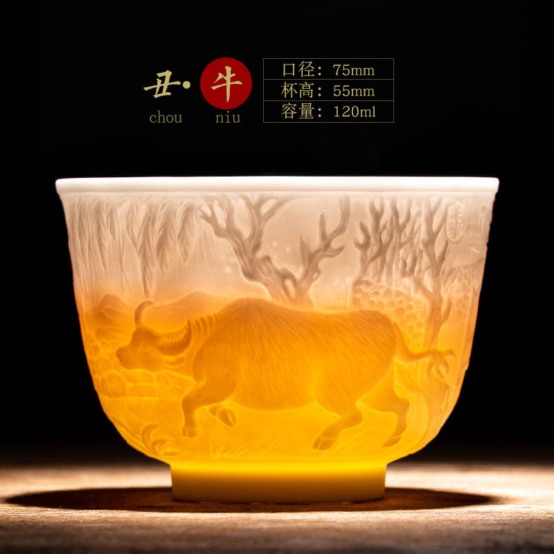 Zodiac Cup - CattleDiscipline Poetic philosophy high-end Zodiac cup Jingdezhen carving Jianzhan man teacup Master's Cup Kung Fu Tea Single cup Tea cup