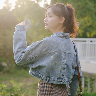 2018 cá tính lại đơn ngực dài tay BF lỏng áo khoác ngắn ins cao đẳng gió Hàn Quốc phiên bản của denim ngắn áo khoác nữ Áo khoác ngắn