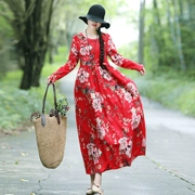 Mùa thu mới phong cách quốc gia của phụ nữ retro Mori nữ đĩa văn học khóa in kích thước lớn cotton dài tay và váy lanh váy dài - Váy dài