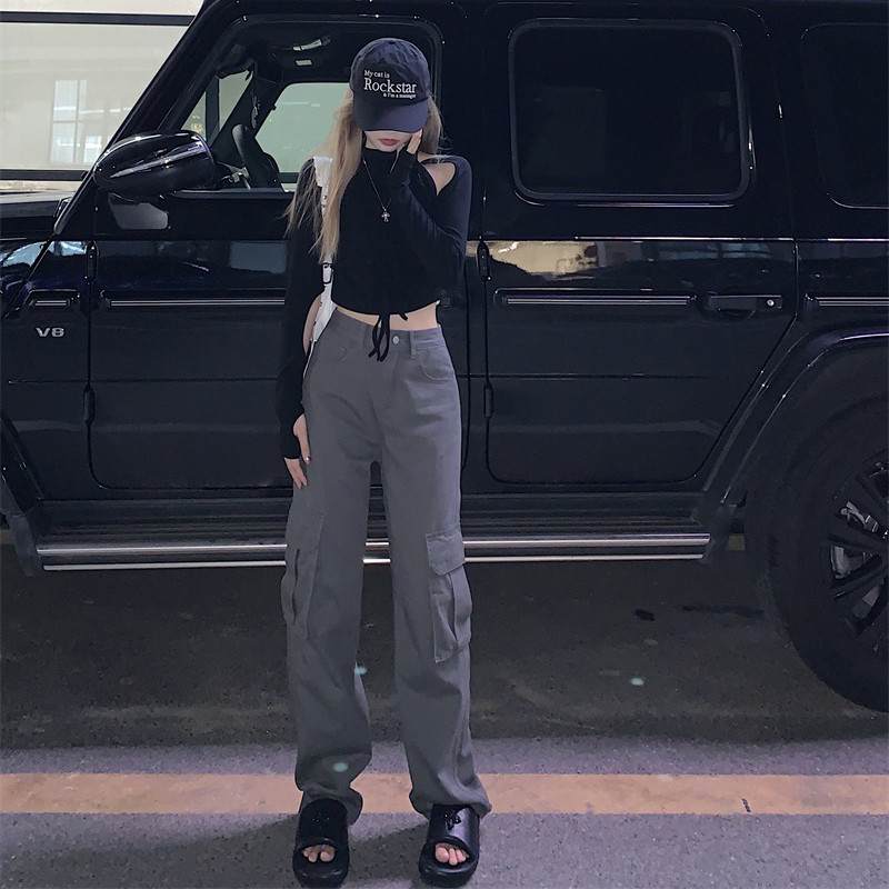 Retro grey high-waisted work pants for women in the autumn of 2022, loose straight-leg, slimming, wide-leg casual long pants