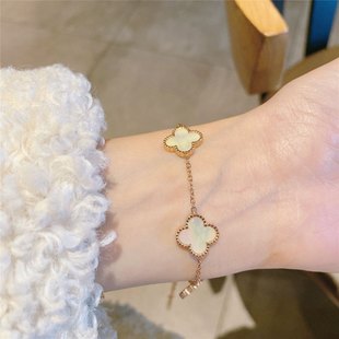 Metal golden small design bracelet, four-leaf clover, light luxury style, 18 carat, pink gold, trend of season, internet celebrity, does not fade
