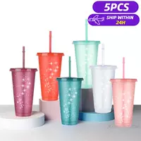 5PCS Flash Powder Water Bottles For Girl With Straw Reusable