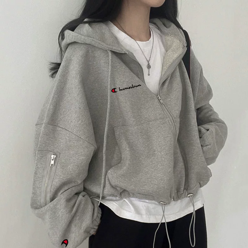 Осень дизайн свитшот с капюшоном на молнии, куртка, oversized, шнурок