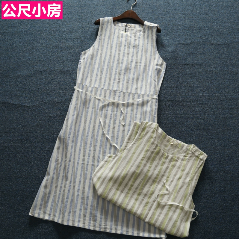 Váy vải lanh và cotton của phụ nữ Nhật Bản mùa hè thoải mái và mát mẻ Váy vest sọc dọc của phụ nữ có thể được sử dụng như váy dài mặc nhà - Váy dài