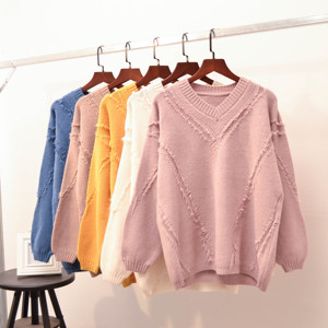 2018 mùa thu và mùa đông mới màu rắn hoang dã V-Cổ Lantern tay áo alpaca len đan đáy áo thời trang của phụ nữ áo len top