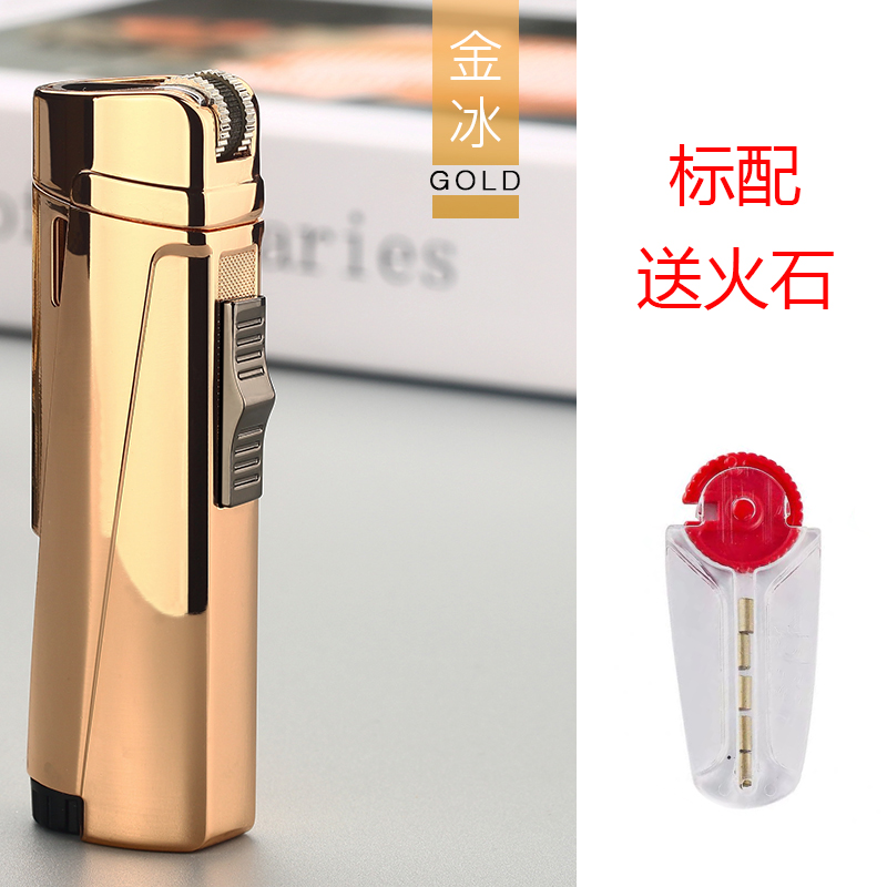 Goldenoriginality Retro grinding wheel inflation Cigar Windbreak lighter Three heads Blue flame Flint Straight personality male visual  Gas