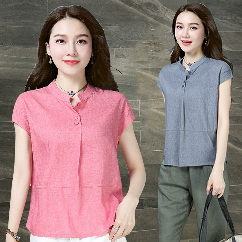 Mùa hè 2021 áo thun nữ cotton và lanh ngắn tay áo sơ mi nữ cỡ lớn rộng rãi áo sơ mi cổ chữ v Áo sơ mi kết hợp vải lanh đơn giản - Áo sơ mi