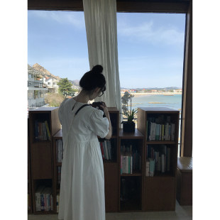 Fun and interesting puff sleeve white skirt French first love sweet high waist mid-length skirt Hepburn style dress