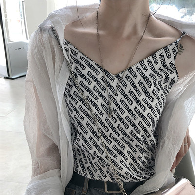 Cổng cổ điển gió chic mùa hè Hàn Quốc letter in ấn lỏng V-Cổ slim vest áo khoác xã hội cổng hương vị nữ Áo ba lỗ