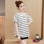 Phụ nữ mang thai áo mùa hè Hàn Quốc phiên bản của lỏng kích thước lớn từ bi thời trang vòng cổ ngắn tay bông sọc t-shirt triều ngắn mẹ shop đồ bầu
