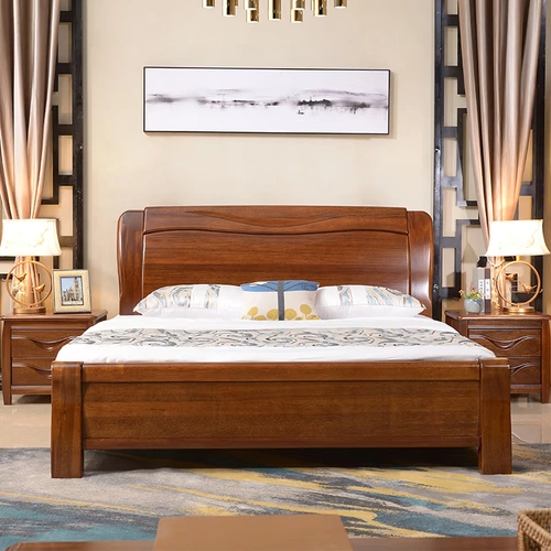 Золотой шелковый тик сплошной деревянный кровать 1,8 метра современная простая простая главная спальня большая кровать китайская кровать китайский орех двойной свадебный кровать для хранения кровати