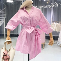 2018 mùa xuân và mùa hè mới của Hàn Quốc phiên bản của nhẹ nhàng một từ váy nhỏ hương thơm áo sơ mi cô gái màu hồng ăn mặc nữ đầm chữ a cho người mập