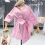 2018 mùa xuân và mùa hè mới của Hàn Quốc phiên bản của nhẹ nhàng một từ váy nhỏ hương thơm áo sơ mi cô gái màu hồng ăn mặc nữ đầm chữ a cho người mập