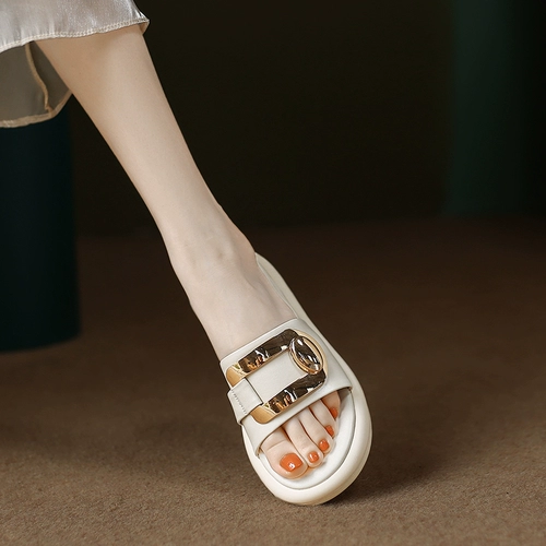 Металлические модные универсальные слайдеры на платформе, европейский стиль, из натуральной кожи, 2023