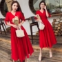 Nữ thần quạt khí màu đỏ váy nữ mùa hè 2019 mới dành cho nữ kỳ nghỉ lễ bãi biển Váy retro Pháp - Váy dài váy dài trắng