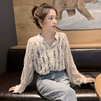 Áo mùa thu 2019 của phụ nữ mới Han Fan khoét lỗ rất cổ tích là áo sơ mi ren mỏng nữ dài tay nước ngoài - Áo sơ mi dài tay 	áo sơ mi cổ trụ nữ dài tay	