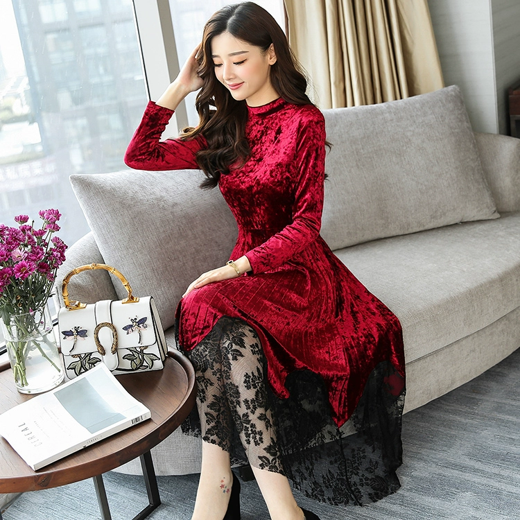 Plus size phụ nữ 2020 mùa thu mới ren xếp ly cổ điển váy nhung dài tay váy chữ a mỏng mảnh mai - A-Line Váy