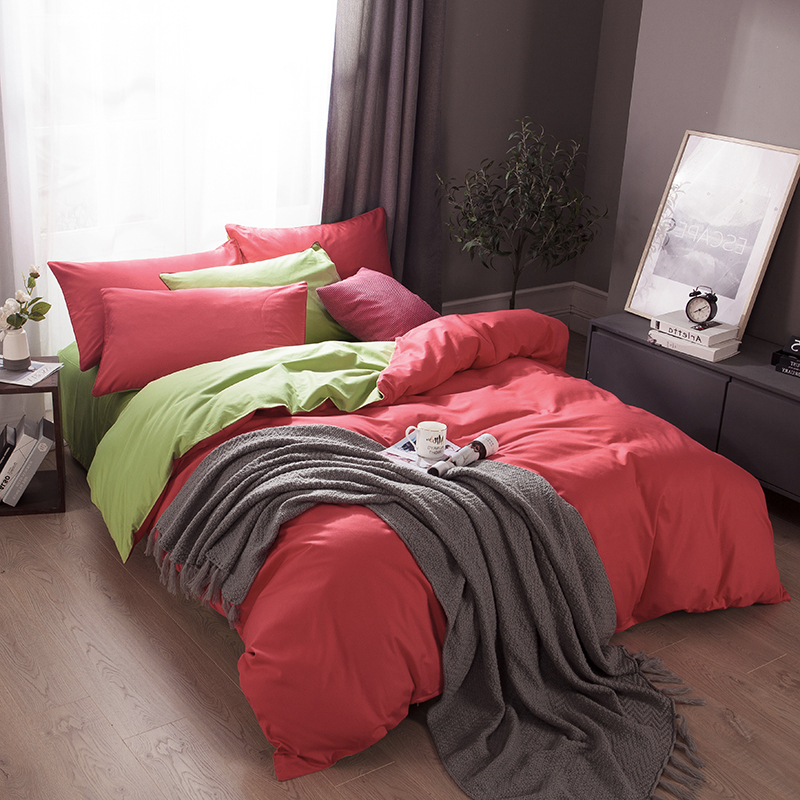 Brick Red + Greenviolet Cotton pure cotton Solid color Four piece suit bedding article sheet Quilt cover monochrome Spring and Autumn sheets bedding summer