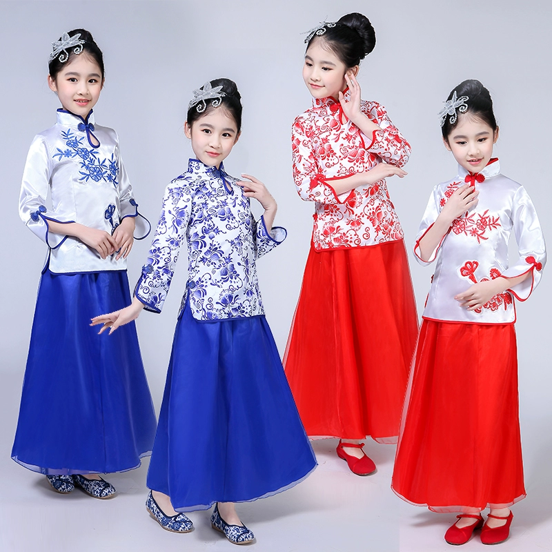 Trang phục trẻ em màu xanh và trắng sứ guzheng trang phục vũ nữ quốc gia - Trang phục