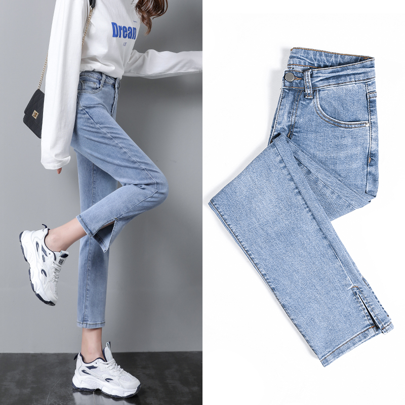 Light Blue [Capris]Straight pants female 2021 new pattern Hot money summer High waist Split Jeans Thin little chap Eight points Pipe pants